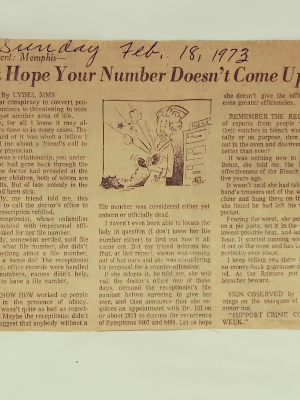 1973 Lydel Sims Assignment Memphis Newspaper Clipping Number Doesn’t Come Up